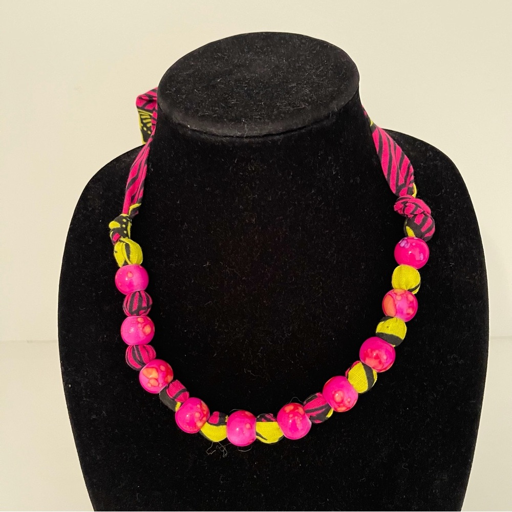 Pink Multicolor Handmade African Print Ankara Cotton Beaded Necklace